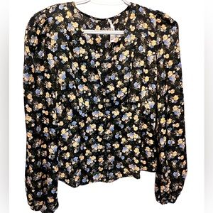Mango womens black v neck long sleeve floral top size S